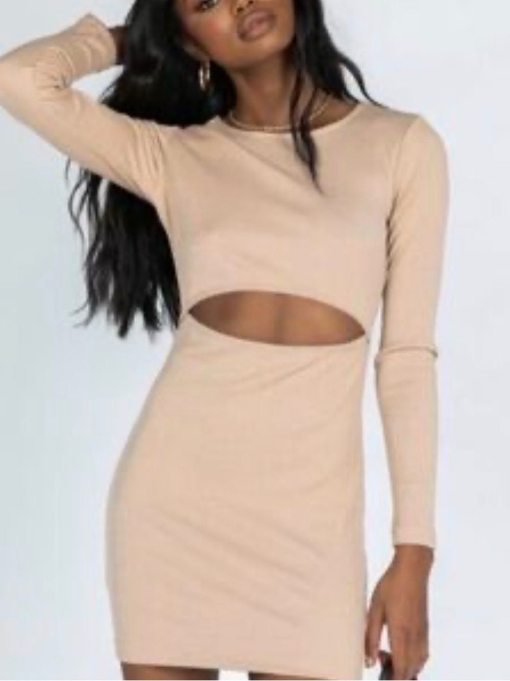 Princess Polly Beige Ribbed Cutout Mini Dress Womens US 6 Long Sleeve